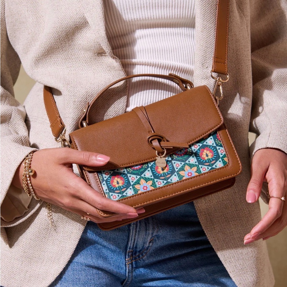 Chic Brown Crossbody Bag with Colorful Pattern